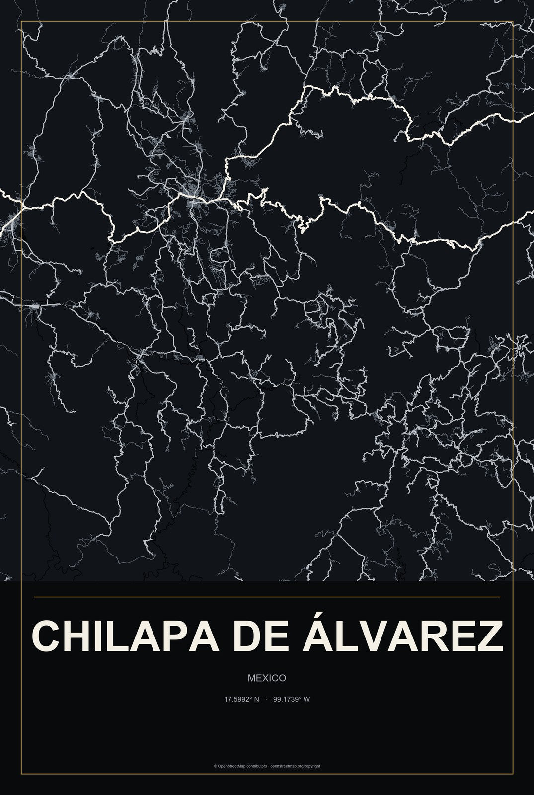 Chilapa de Álvarez, Mexico City Map Aluminum Sign in Metropolitan Noir style