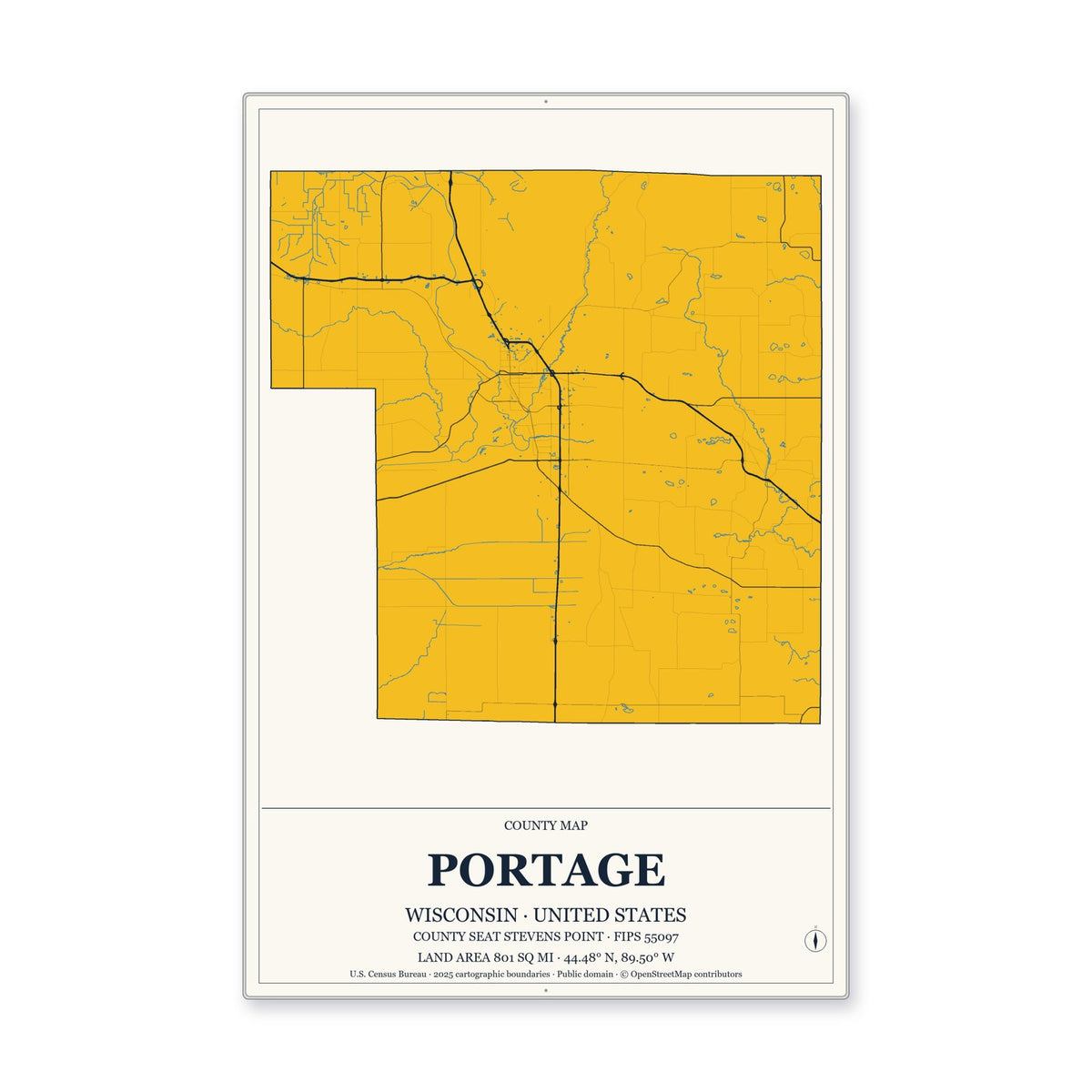 Portage County, Wisconsin Map Aluminum Sign in Citrine Modern style
