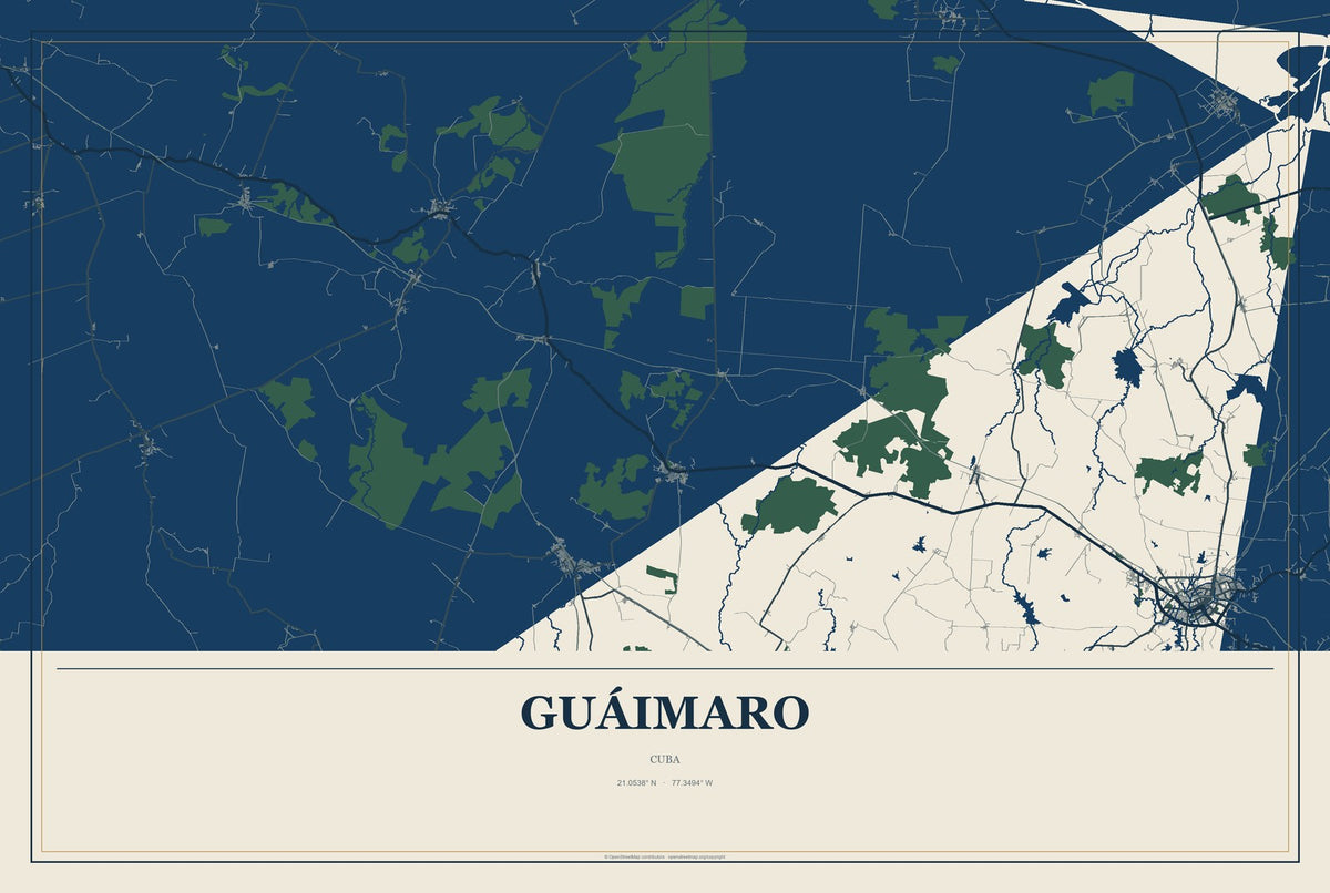Guáimaro, Cuba City Map Aluminum Sign in Coastal Cutout style