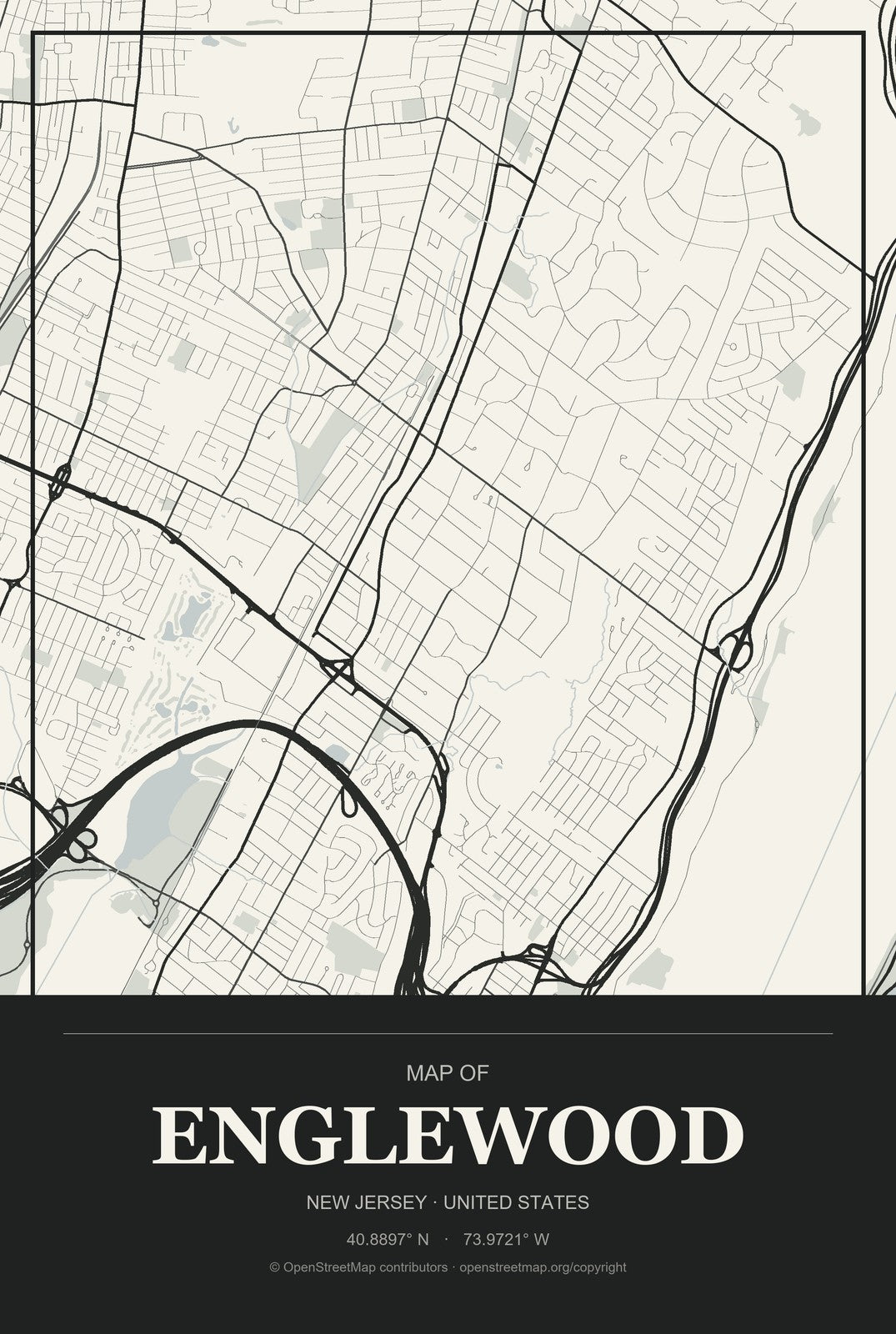 Englewood, New Jersey City Map Aluminum Sign in Museum Plaque style