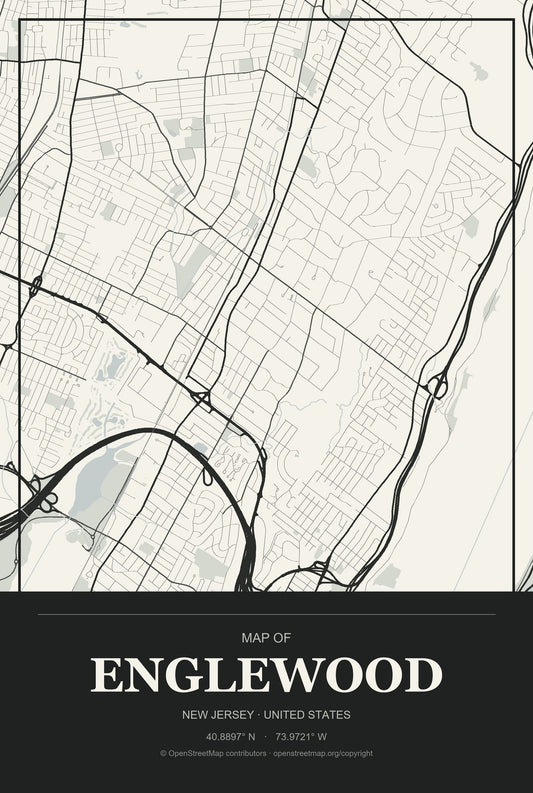 Englewood, New Jersey City Map Aluminum Sign in Museum Plaque style