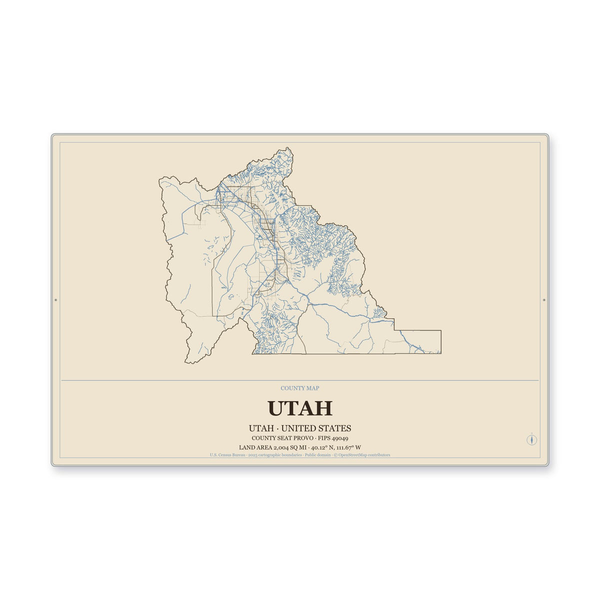 Utah County, Utah Map Aluminum Sign in Heritage Nautical style
