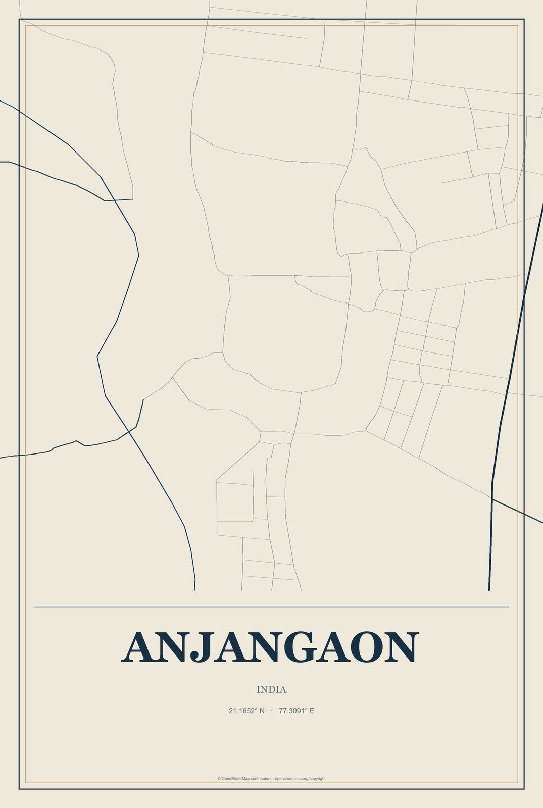 Anjangaon, India City Map Aluminum Sign in Coastal Cutout style