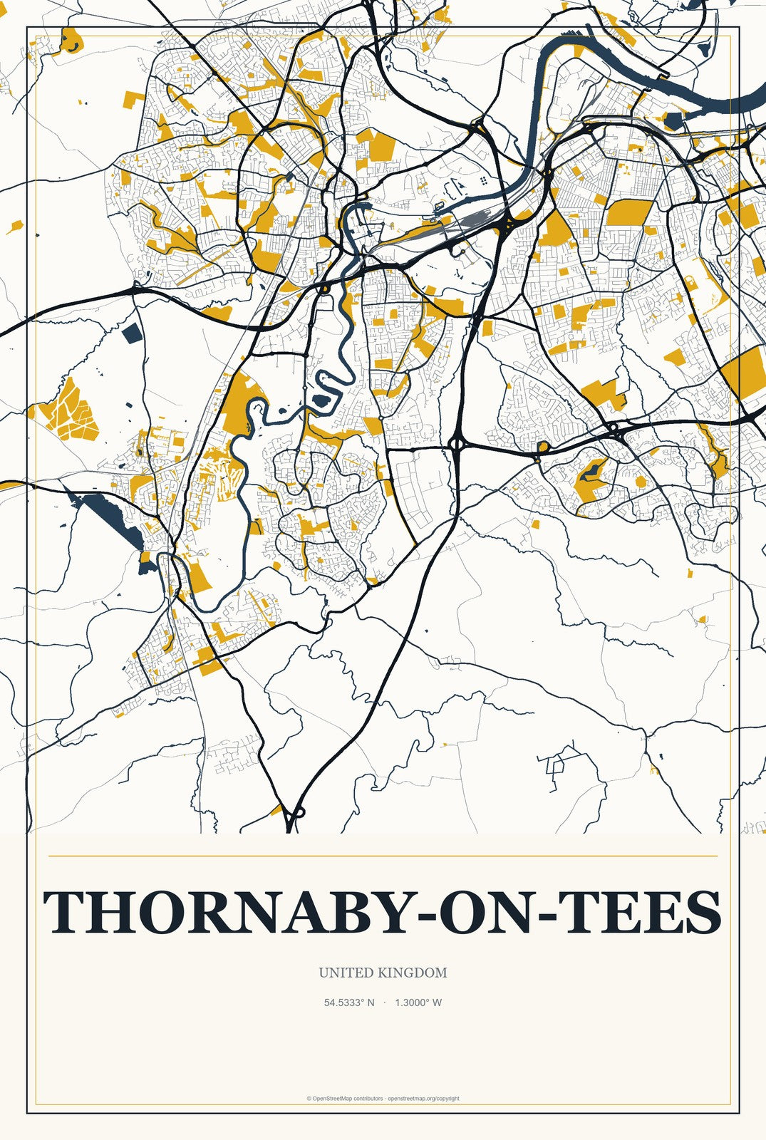Thornaby-on-Tees, United Kingdom City Map Aluminum Sign in Citrine Modern style