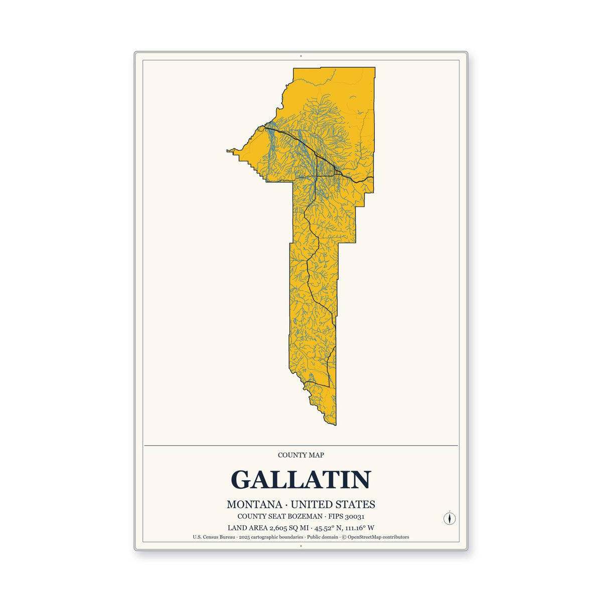 Gallatin County, Montana Map Aluminum Sign in Citrine Modern style