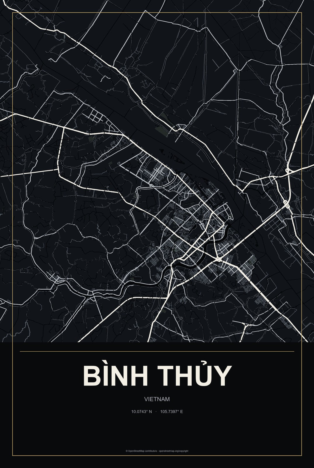 Bình Thủy, Vietnam City Map Aluminum Sign in Metropolitan Noir style