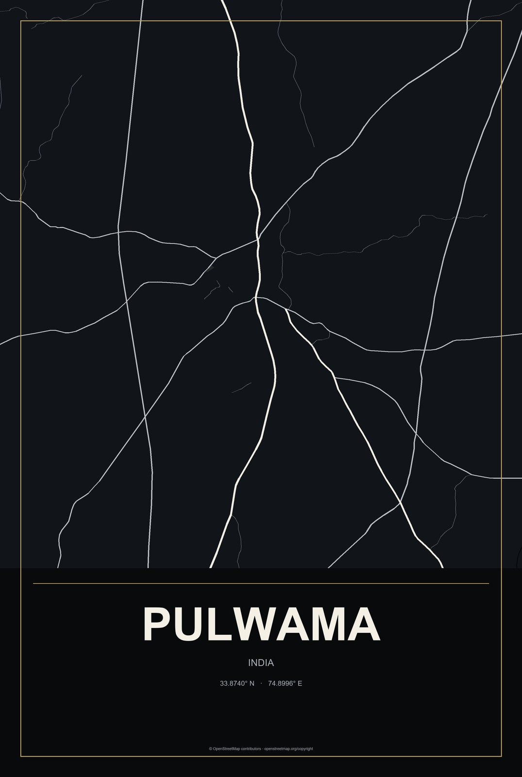 Pulwama, India City Map Aluminum Sign in Metropolitan Noir style