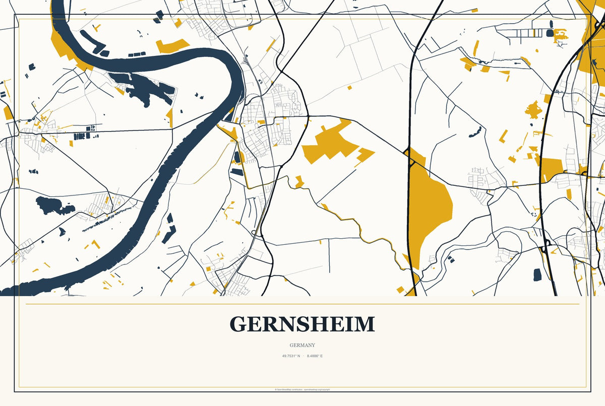 Gernsheim, Germany City Map Aluminum Sign in Citrine Modern style