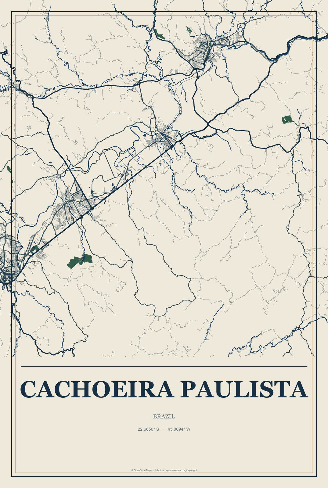 Cachoeira Paulista, Brazil City Map Aluminum Sign in Coastal Cutout style