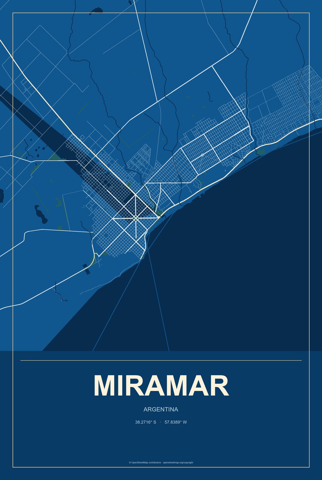 Miramar, Argentina City Map Aluminum Sign in Harbor Cobalt style