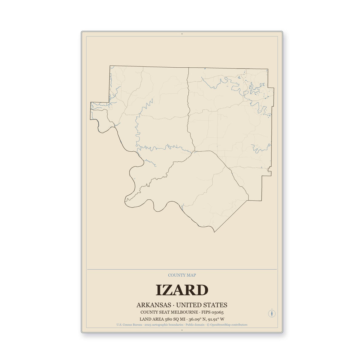 Izard County, Arkansas Map Aluminum Sign in Heritage Nautical style
