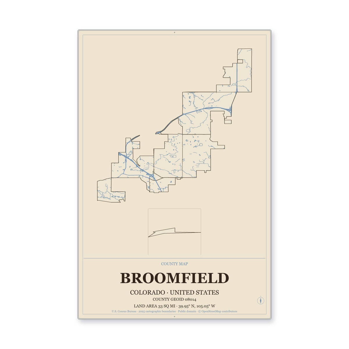Broomfield County, Colorado Map Aluminum Sign in Heritage Nautical style