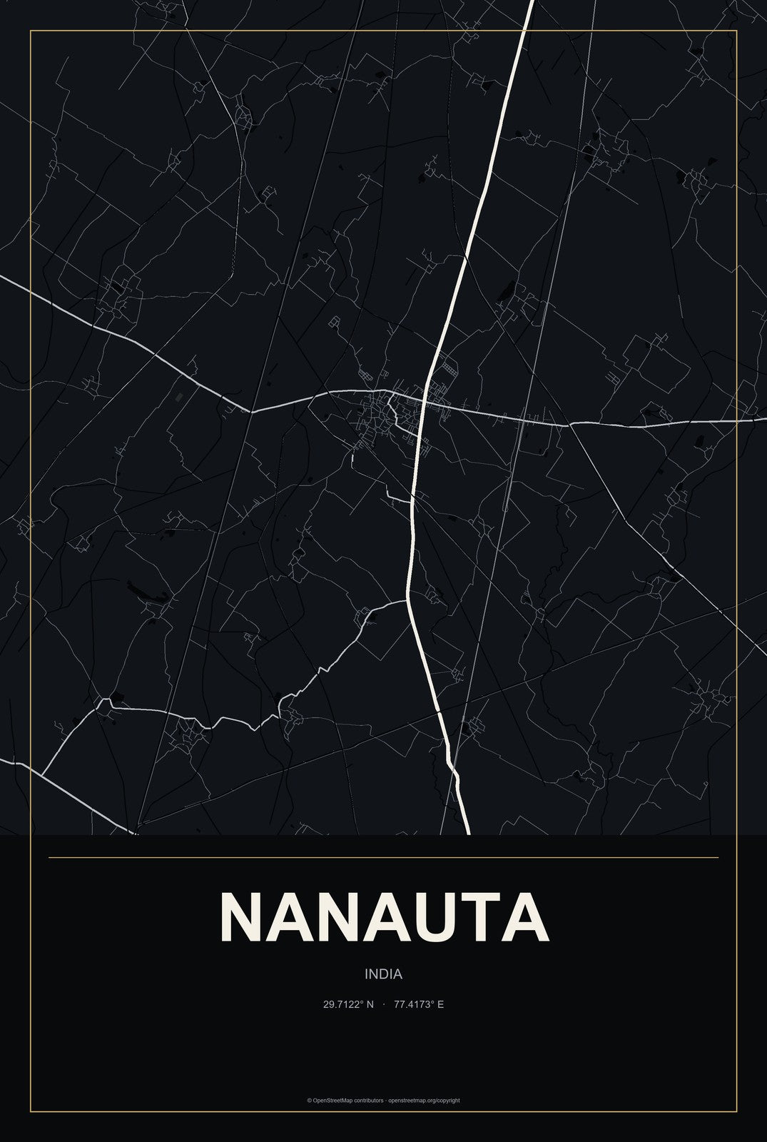 Nanauta, India City Map Aluminum Sign in Metropolitan Noir style