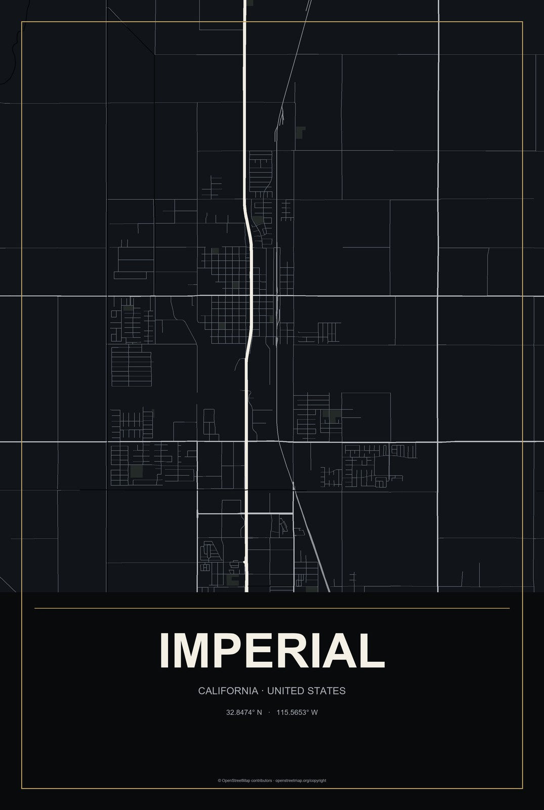 Imperial, California City Map Aluminum Sign in Metropolitan Noir style
