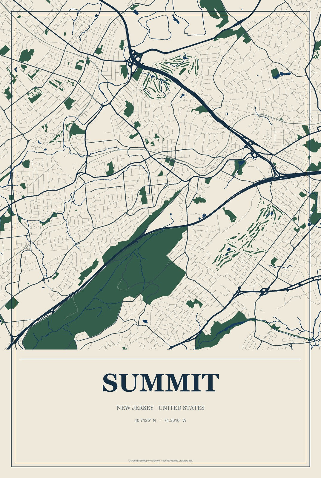 Summit, New Jersey City Map Aluminum Sign in Coastal Cutout style
