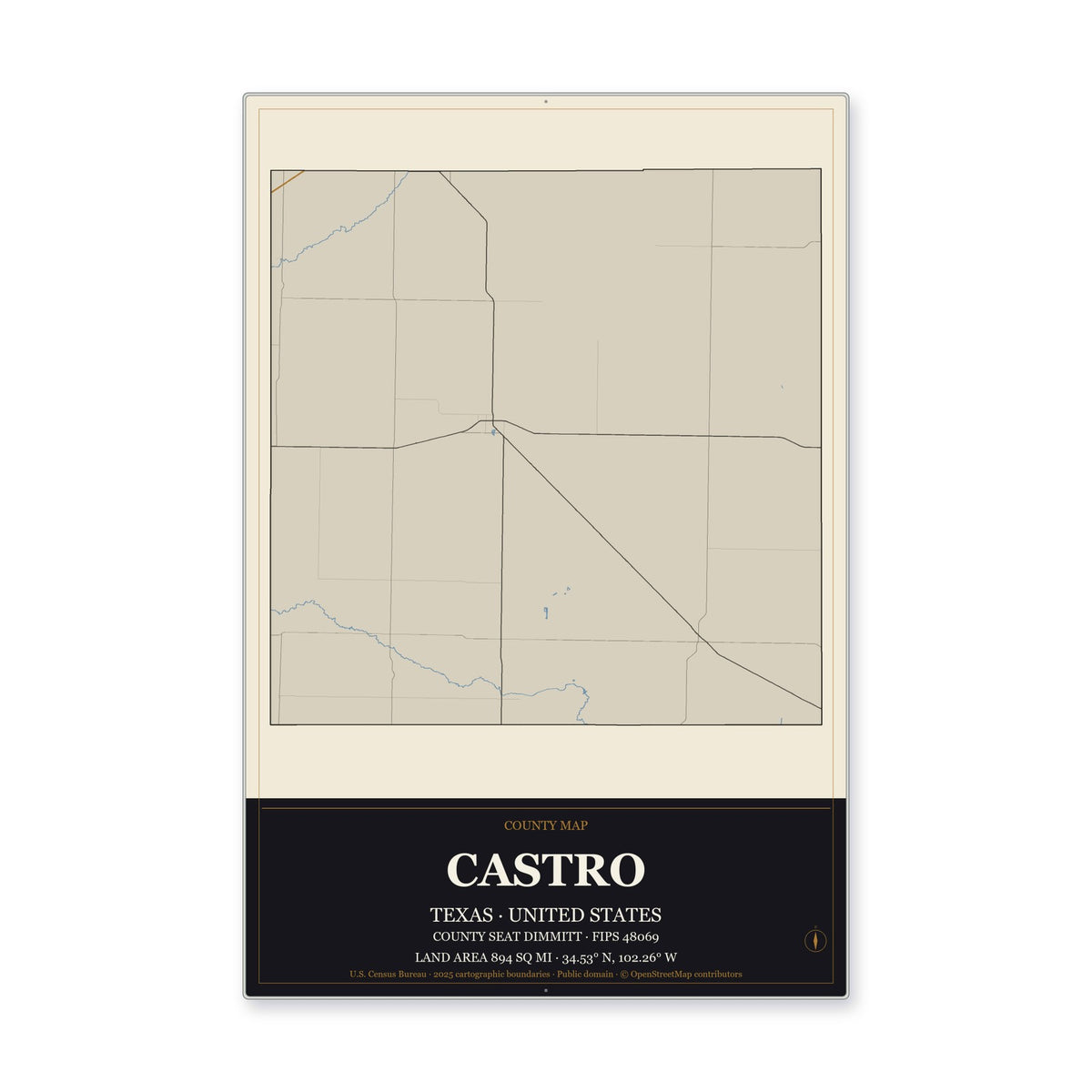 Castro County, Texas Map Aluminum Sign in Museum Plaque style