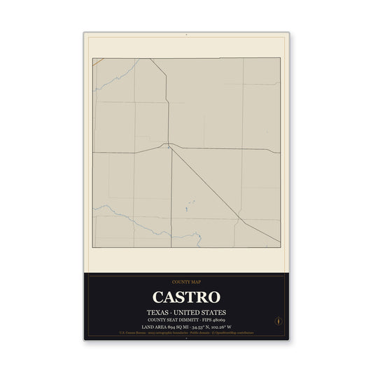Castro County, Texas Map Aluminum Sign in Museum Plaque style