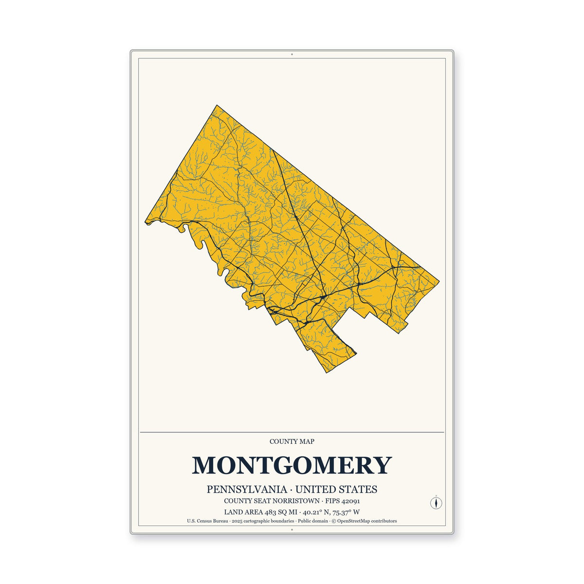 Montgomery County, Pennsylvania Map Aluminum Sign in Citrine Modern style