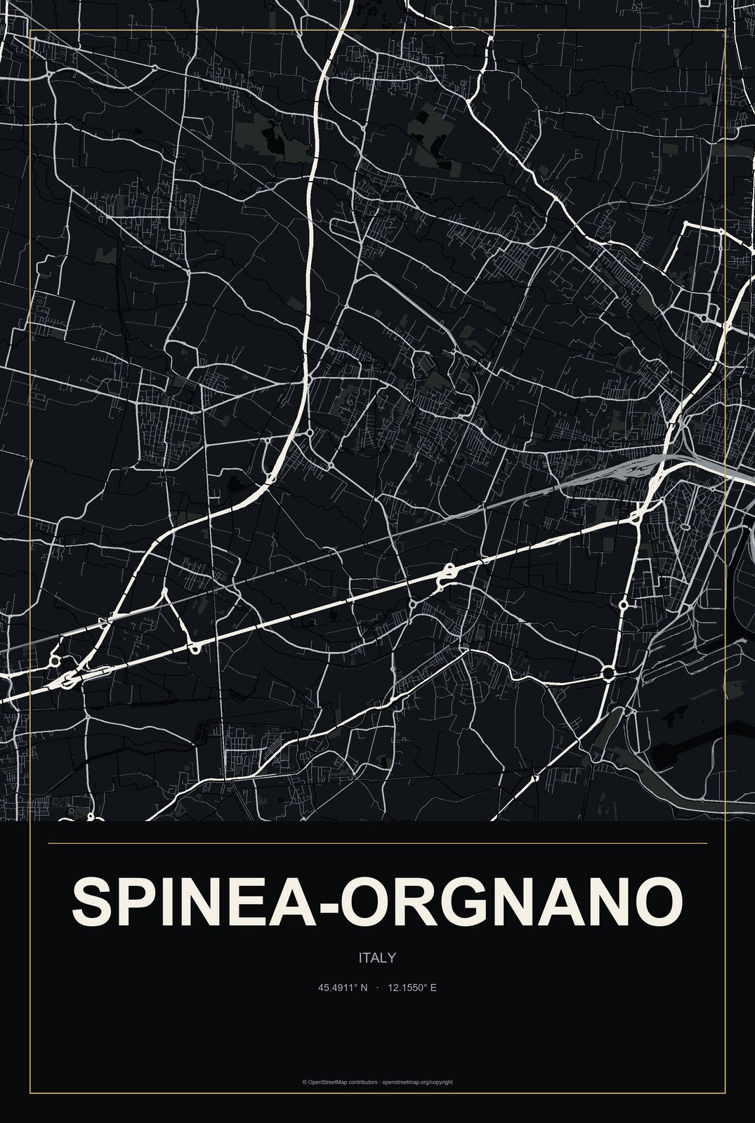 Spinea-Orgnano, Italy City Map Aluminum Sign in Metropolitan Noir style