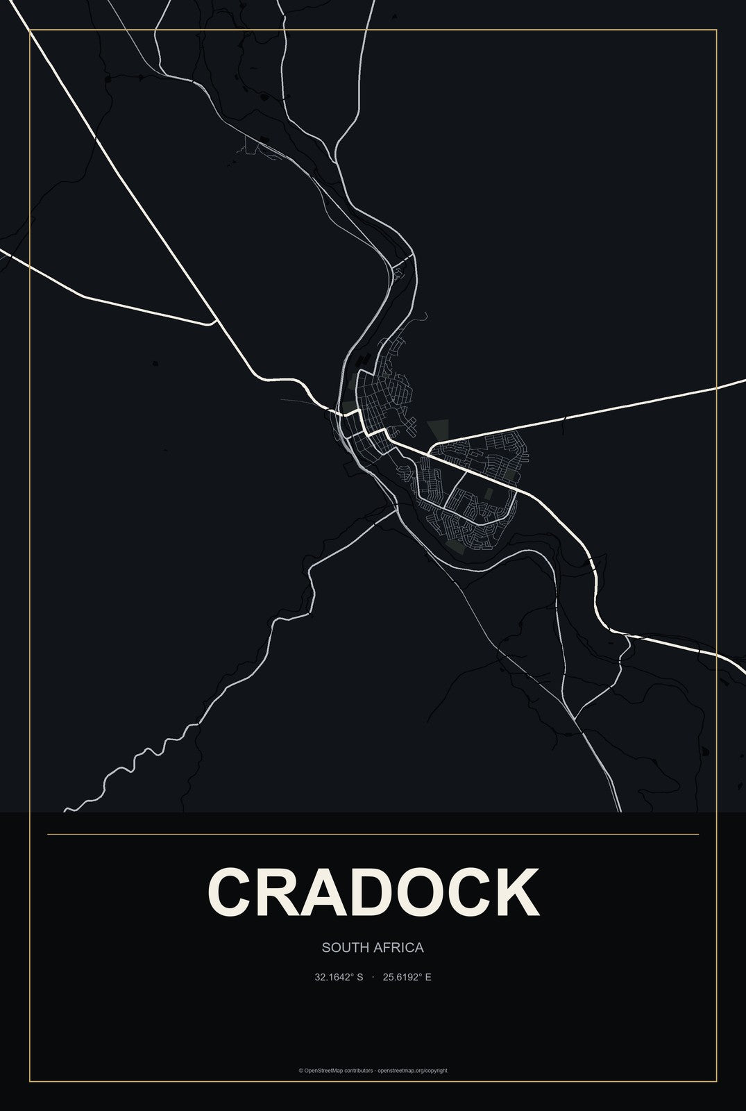 Cradock, South Africa City Map Aluminum Sign in Metropolitan Noir style