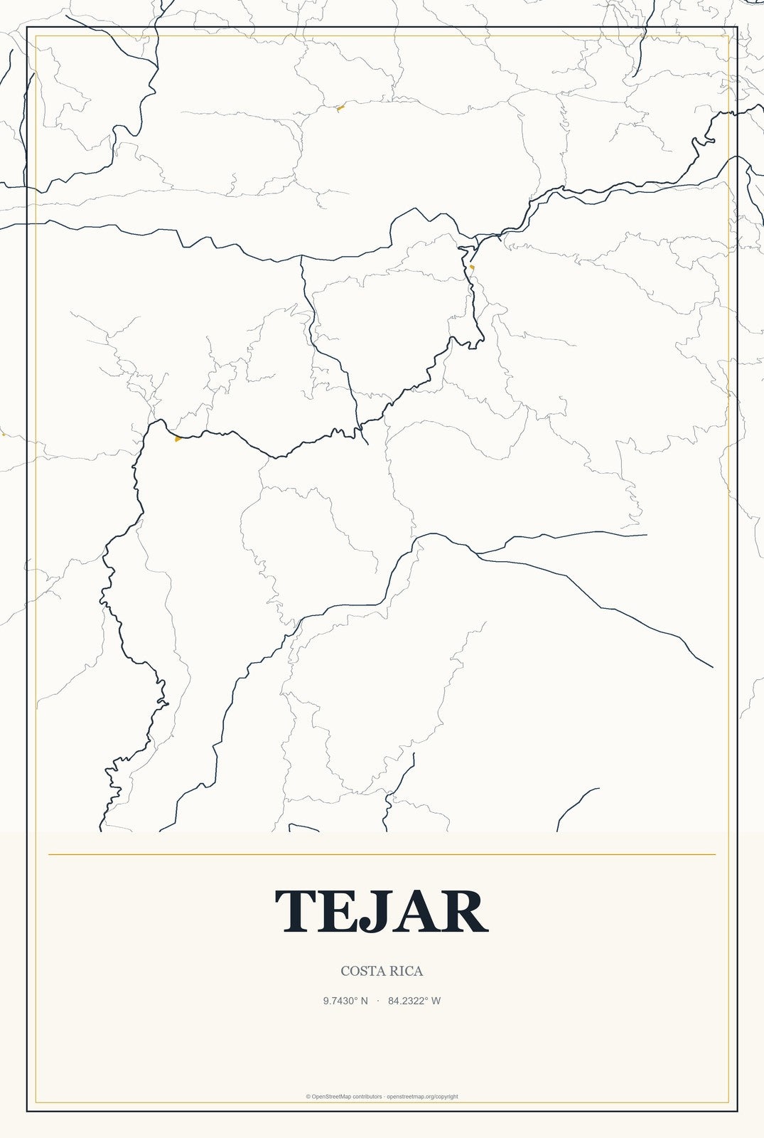 Tejar, Costa Rica City Map Aluminum Sign in Citrine Modern style