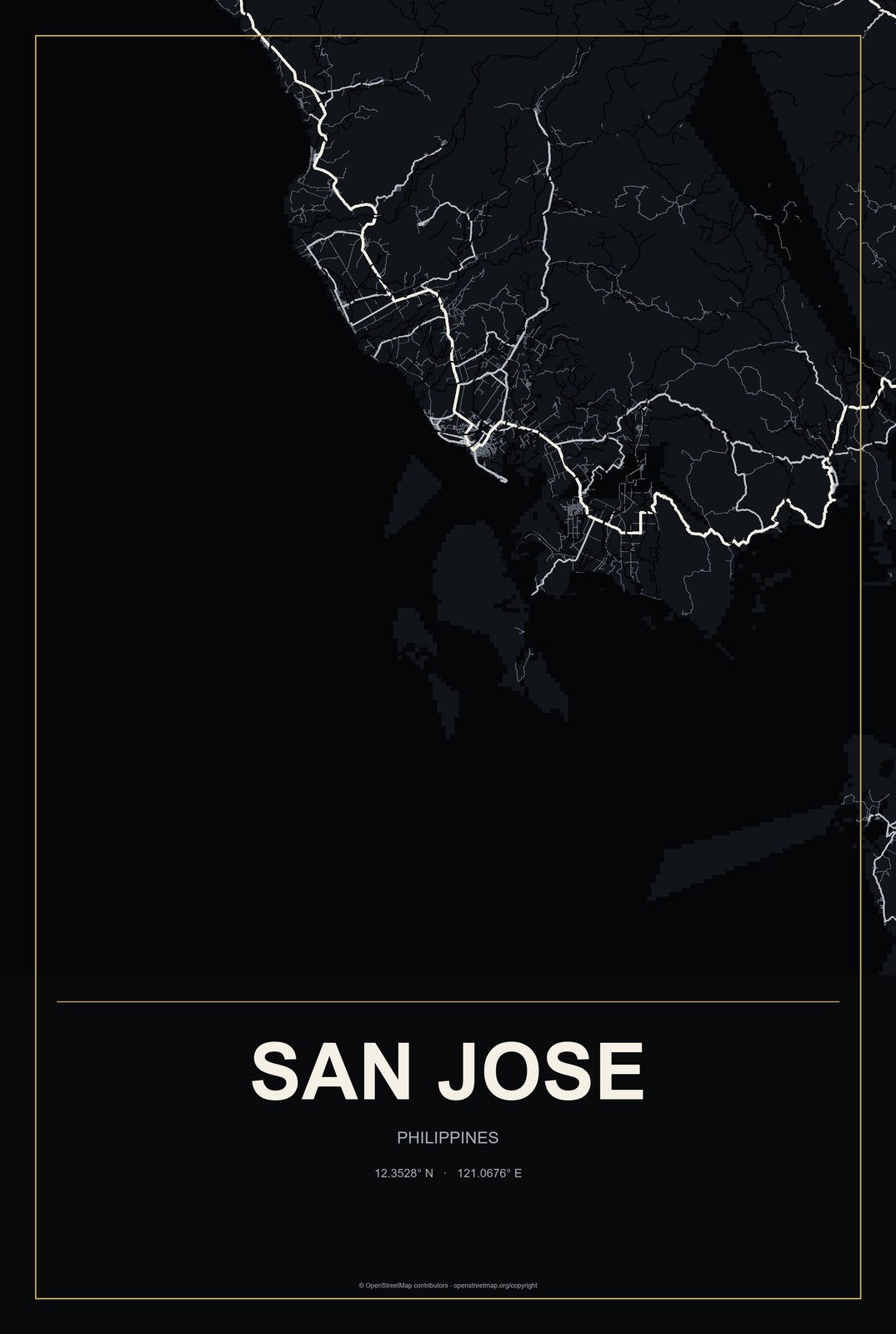 San Jose, Bicol Region, Philippines City Map Aluminum Sign in Metropolitan Noir style