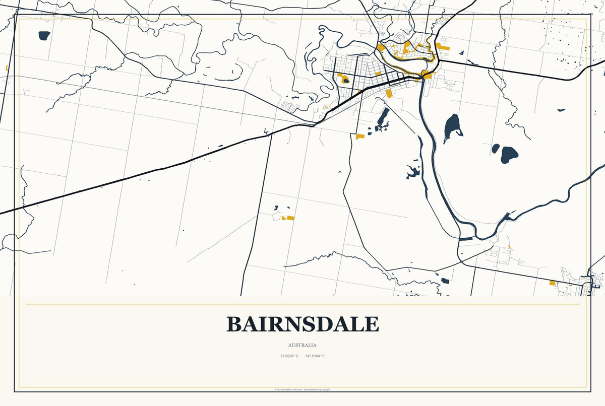 Bairnsdale, Australia City Map Aluminum Sign in Citrine Modern style