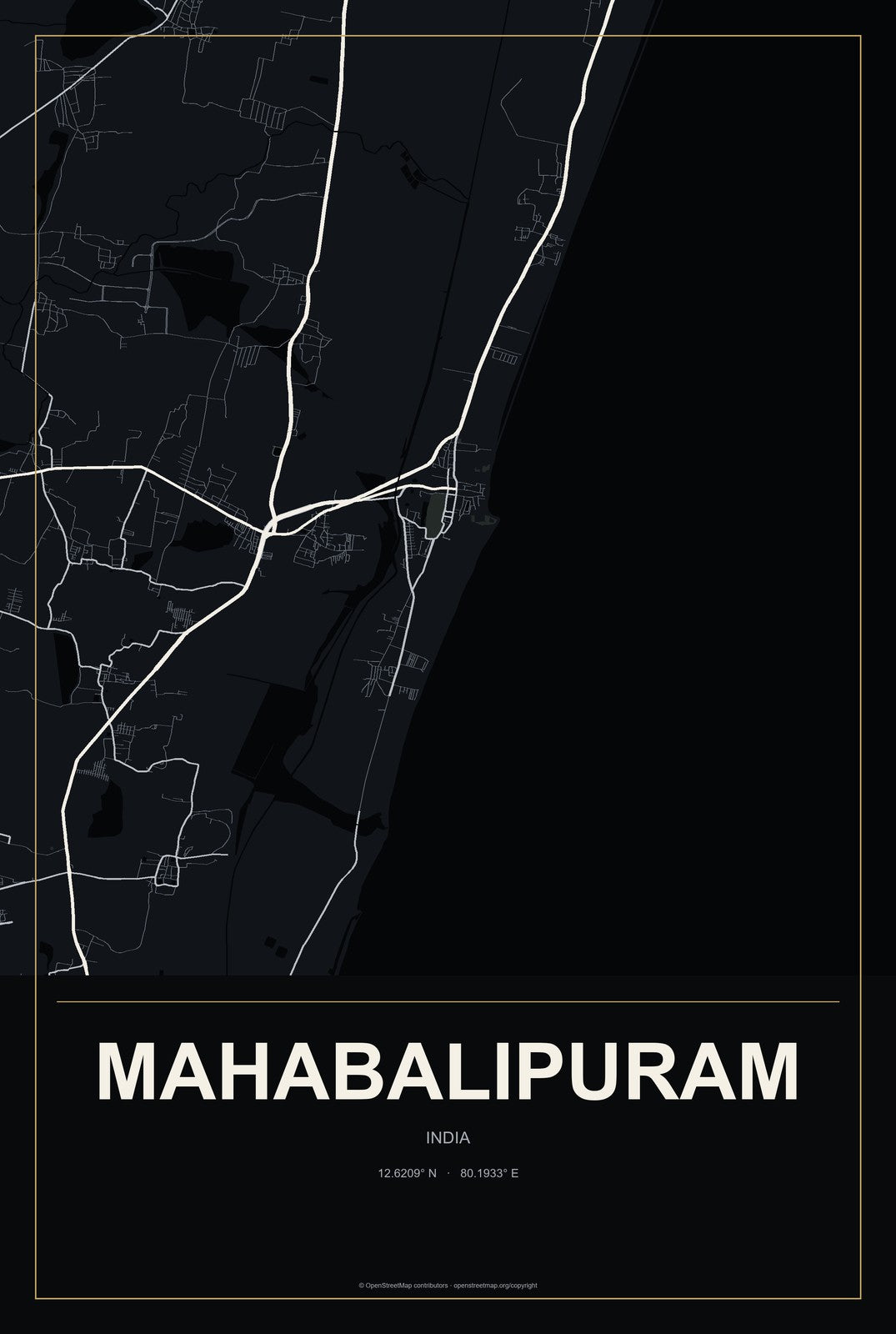 Mahabalipuram, India City Map Aluminum Sign in Metropolitan Noir style