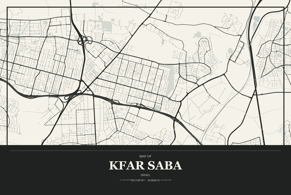 Kfar Saba, Israel City Map Aluminum Sign in Museum Plaque style