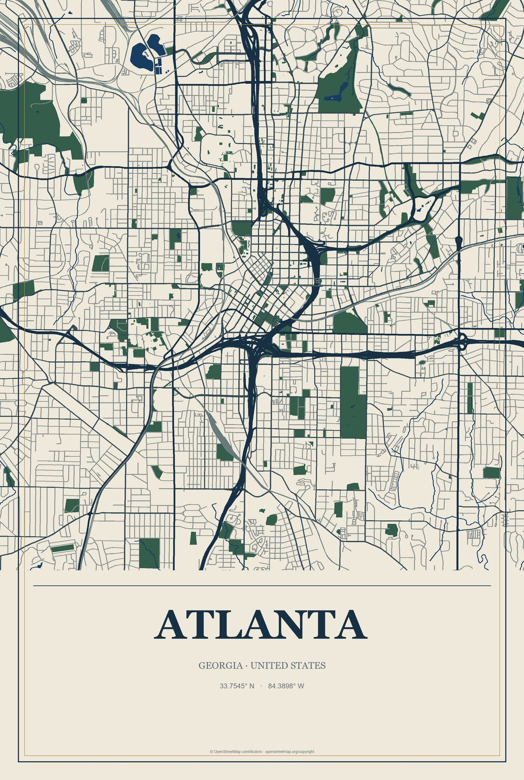 Atlanta, Georgia City Map Aluminum Sign in Coastal Cutout style