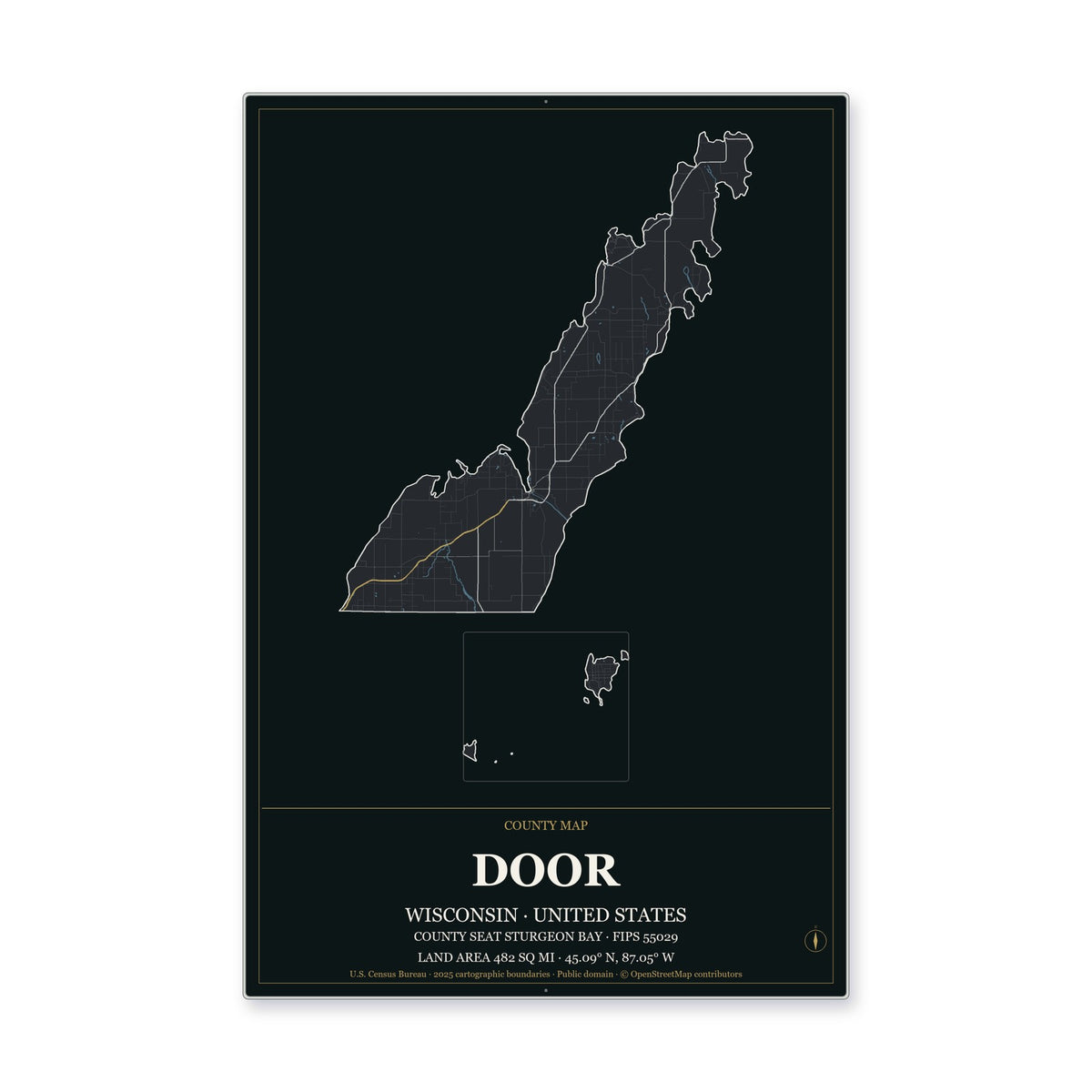 Door County, Wisconsin Map Aluminum Sign in Metropolitan Noir style
