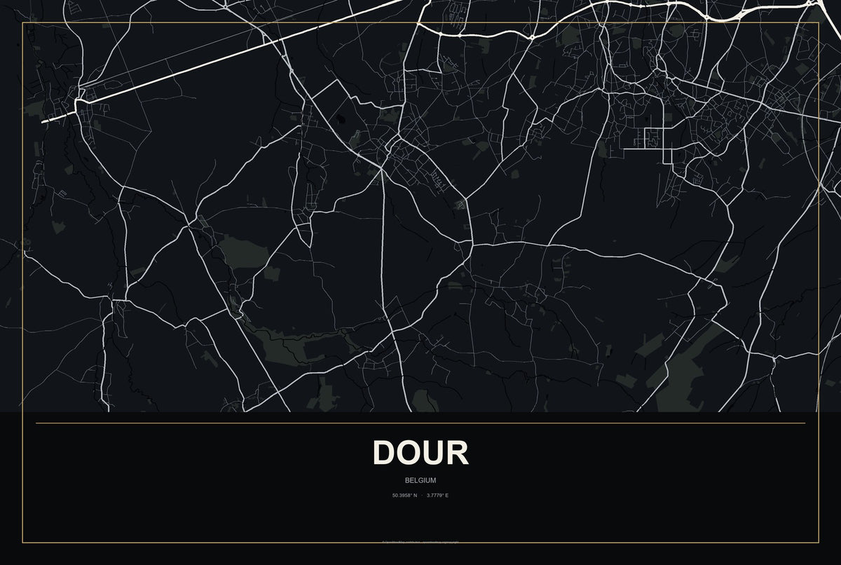 Dour, Belgium City Map Aluminum Sign in Metropolitan Noir style