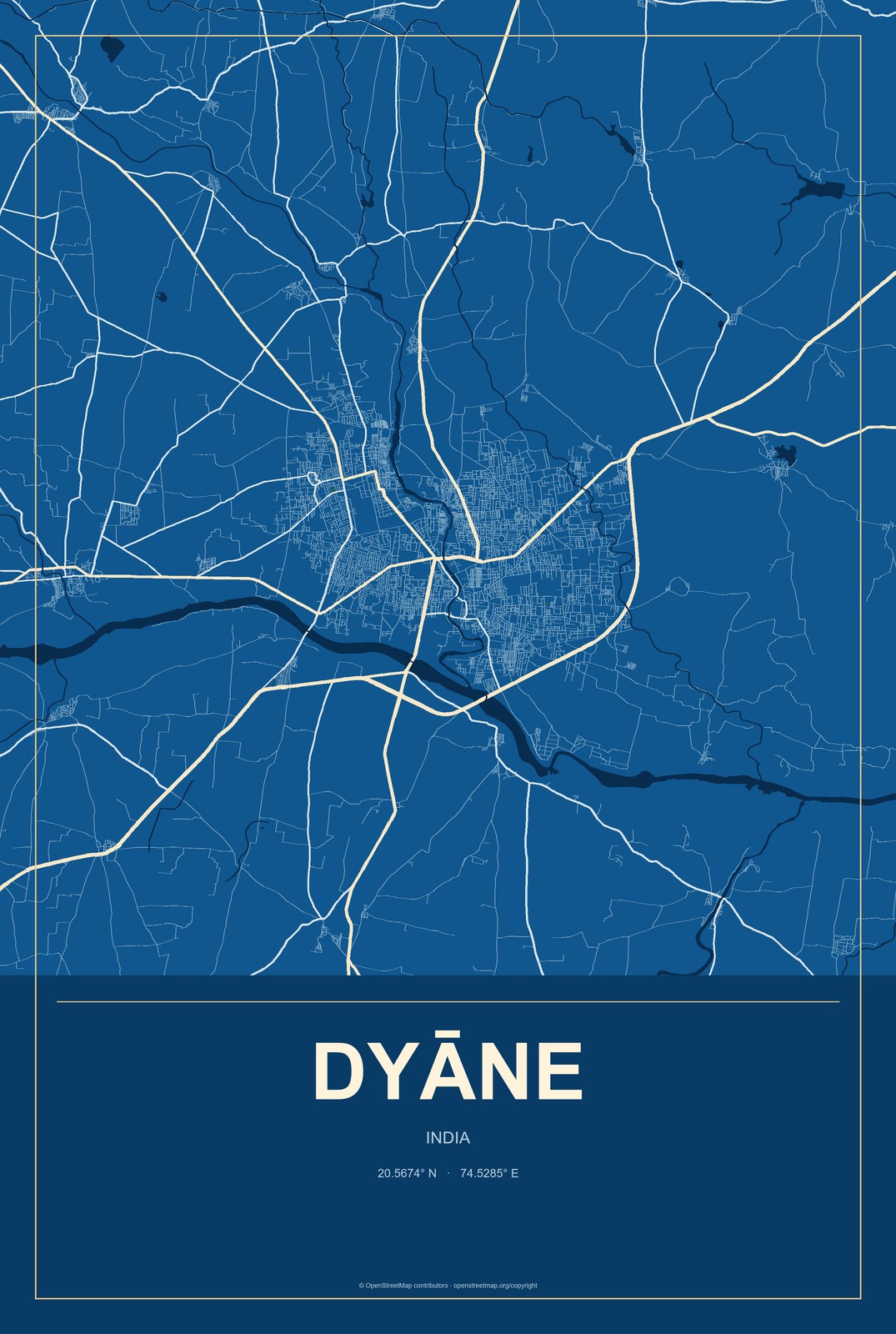 Dyāne, India City Map Aluminum Sign in Harbor Cobalt style