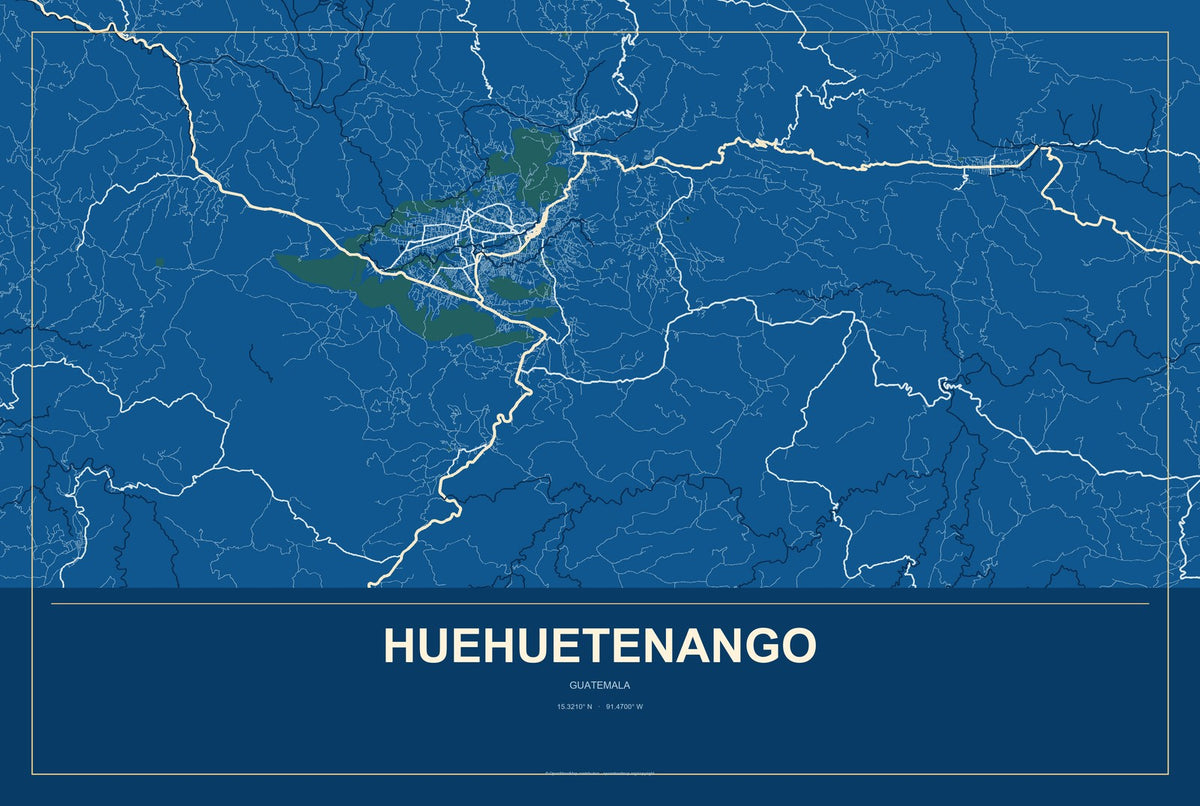 Huehuetenango, Guatemala City Map Aluminum Sign in Harbor Cobalt style