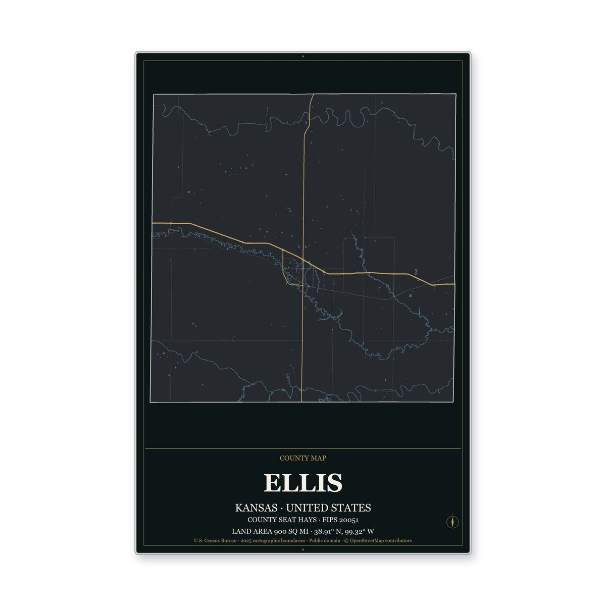Ellis County, Kansas Map Aluminum Sign in Metropolitan Noir style