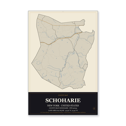 Schoharie County, New York Map Aluminum Sign in Museum Plaque style
