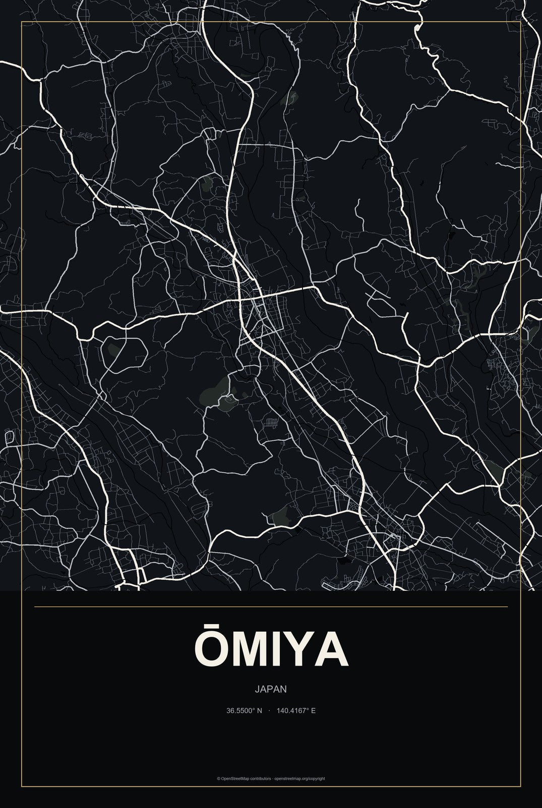 Ōmiya, Ibaraki, Japan City Map Aluminum Sign in Metropolitan Noir style