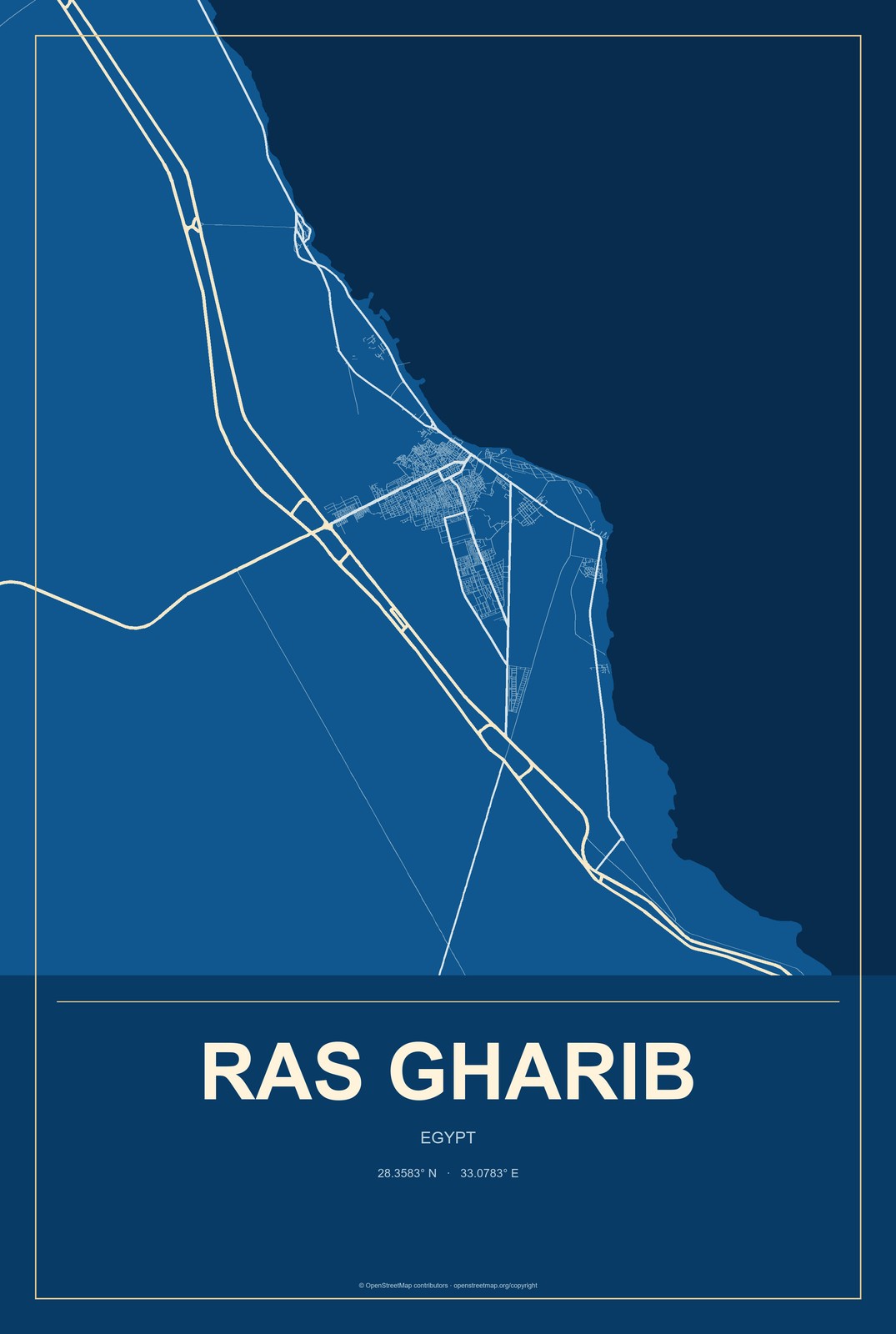 Ras Gharib, Egypt City Map Aluminum Sign in Harbor Cobalt style