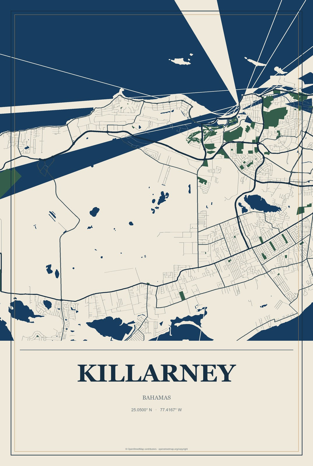 Killarney, Bahamas City Map Aluminum Sign in Coastal Cutout style