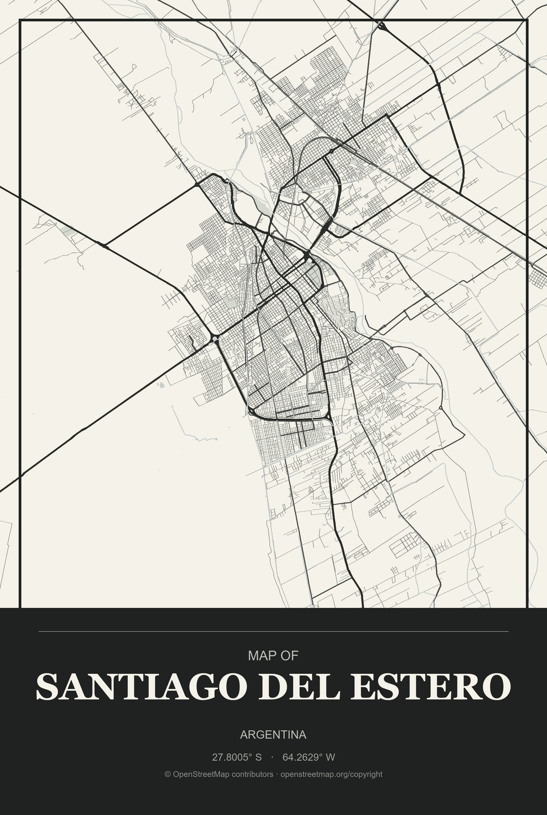 Santiago del Estero, Argentina City Map Aluminum Sign in Museum Plaque style