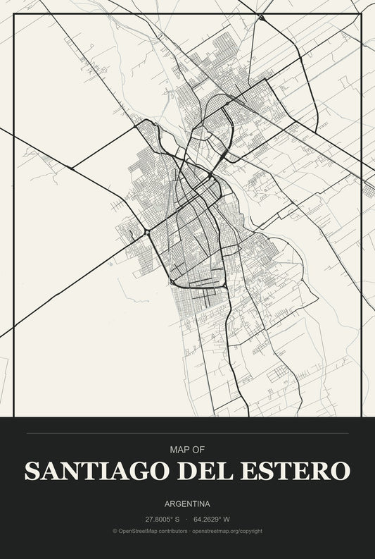 Santiago del Estero, Argentina City Map Aluminum Sign in Museum Plaque style