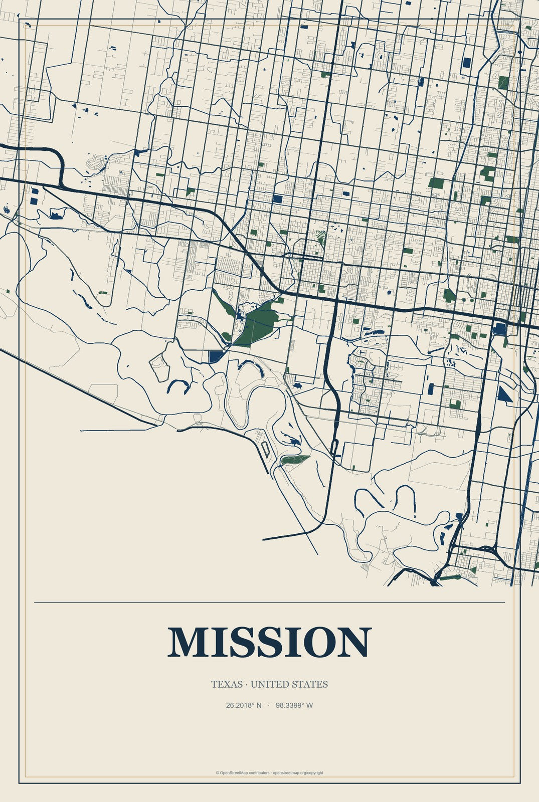 Mission, Texas City Map Aluminum Sign in Coastal Cutout style