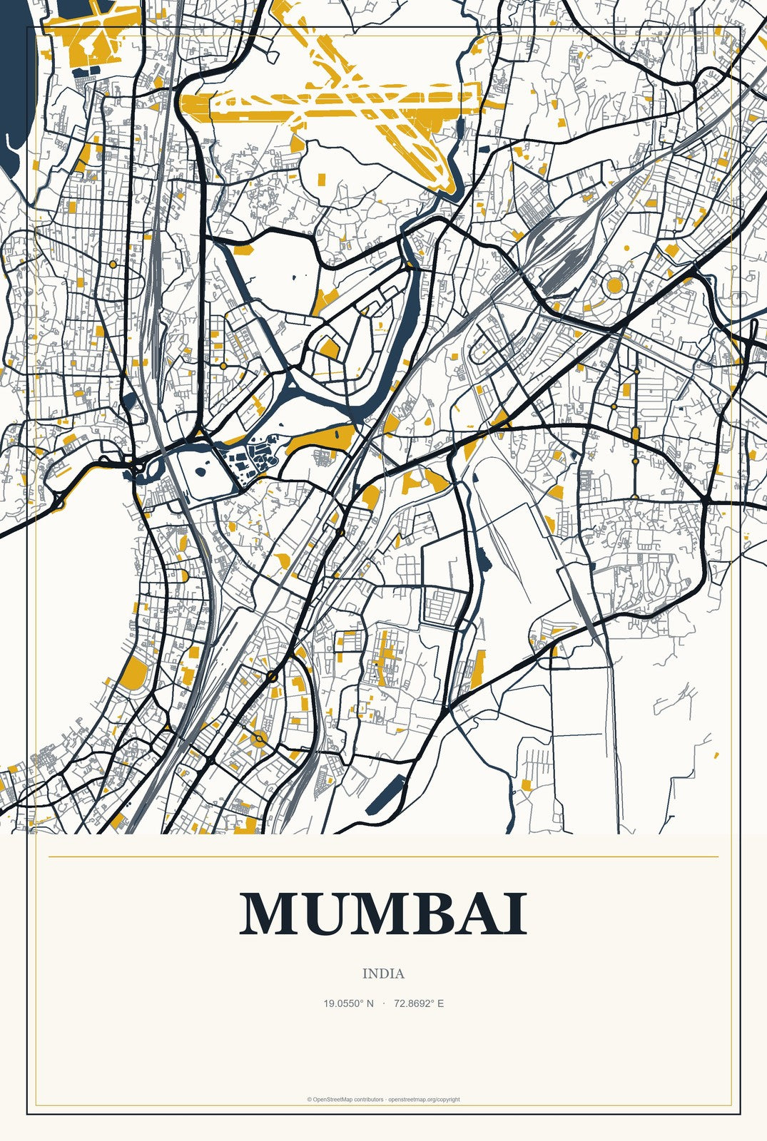 Mumbai, India City Map Aluminum Sign in Citrine Modern style