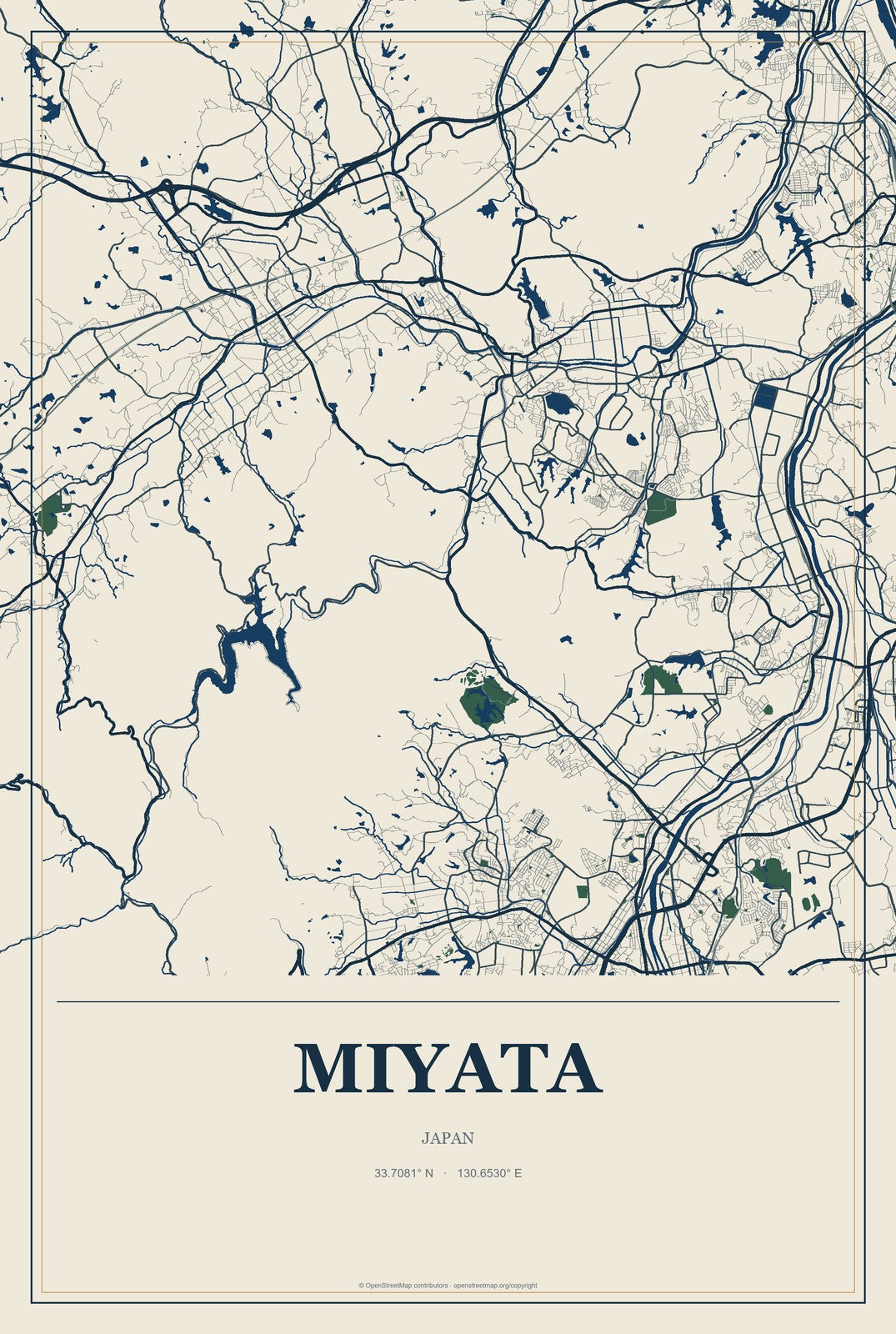 Miyata, Japan City Map Aluminum Sign in Coastal Cutout style