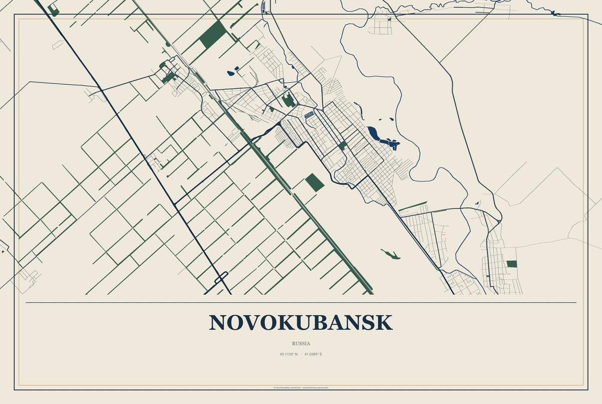 Novokubansk, Russia City Map Aluminum Sign in Coastal Cutout style