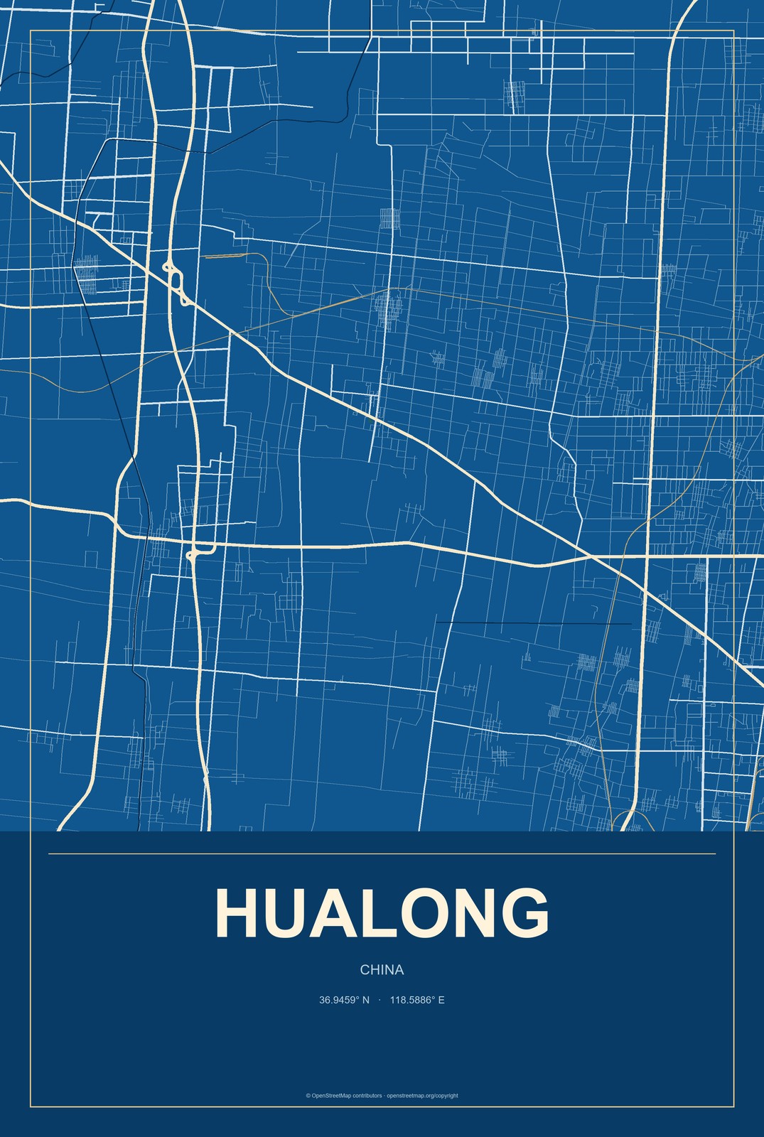 Hualong, China City Map Aluminum Sign in Harbor Cobalt style