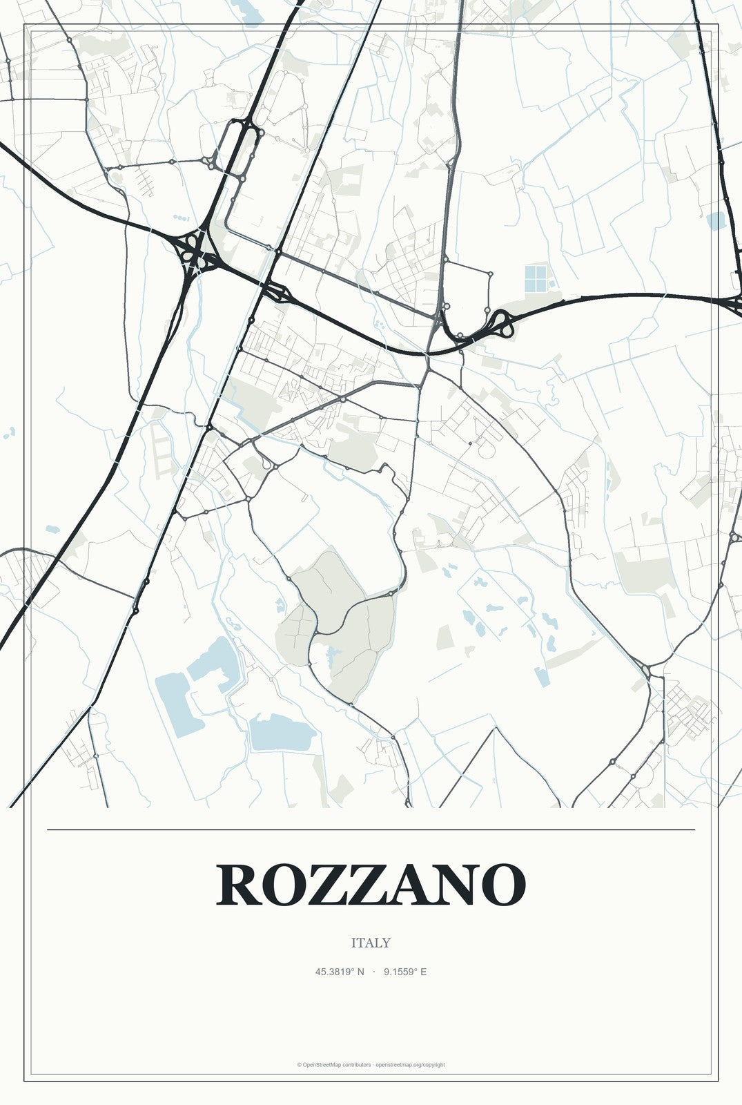 Rozzano, Italy City Map Aluminum Sign in Gallery Air style