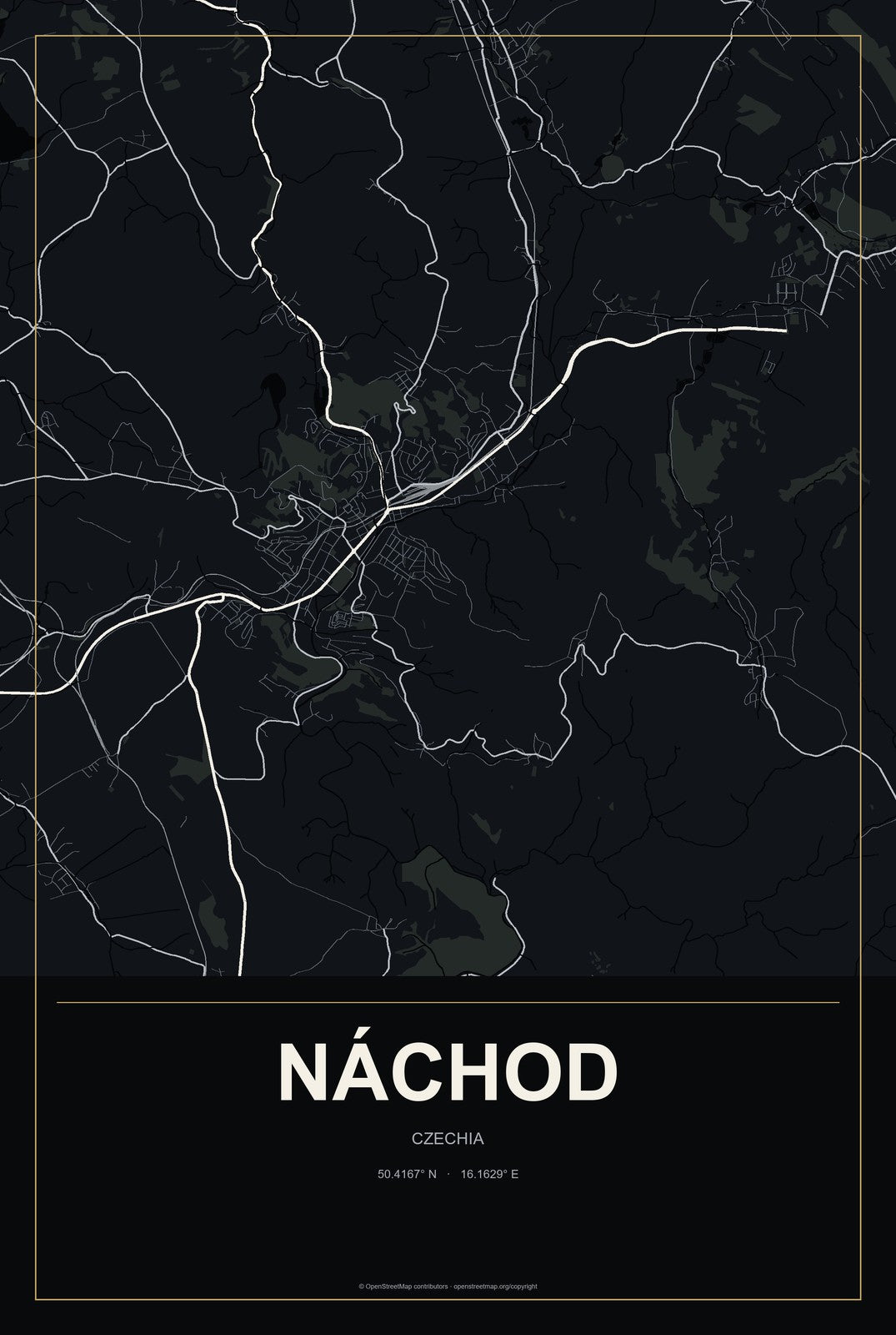 Náchod, Czechia City Map Aluminum Sign in Metropolitan Noir style