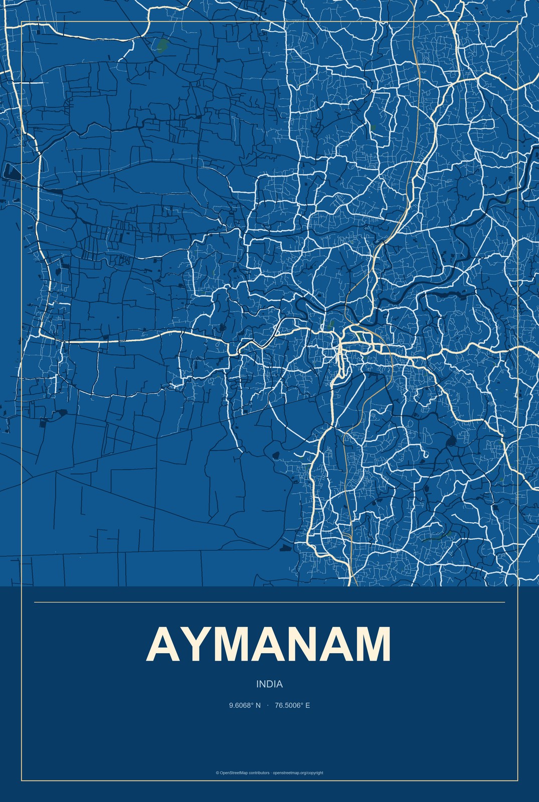 Aymanam, India City Map Aluminum Sign in Harbor Cobalt style