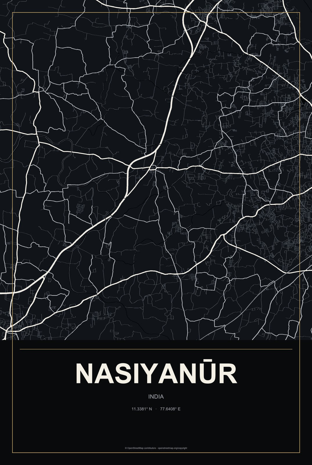 Nasiyanūr, India City Map Aluminum Sign in Metropolitan Noir style